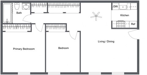 Floor plan for 2 beds, 1 bath, 900 sqft